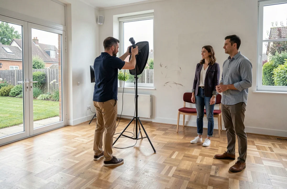 Photographe installant un studio portable dans une salle communale de Villeparisis pour une séance de portraits