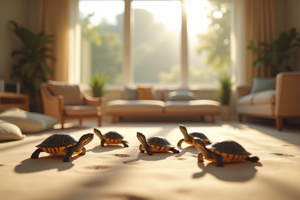 Plusieurs tortues marchant sur du sable dans un salon lumineux