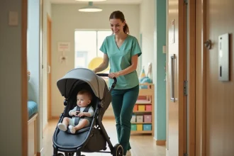 Professionnelle de crèche guidant une triple poussette dans le couloir d'une micro-crèche moderne