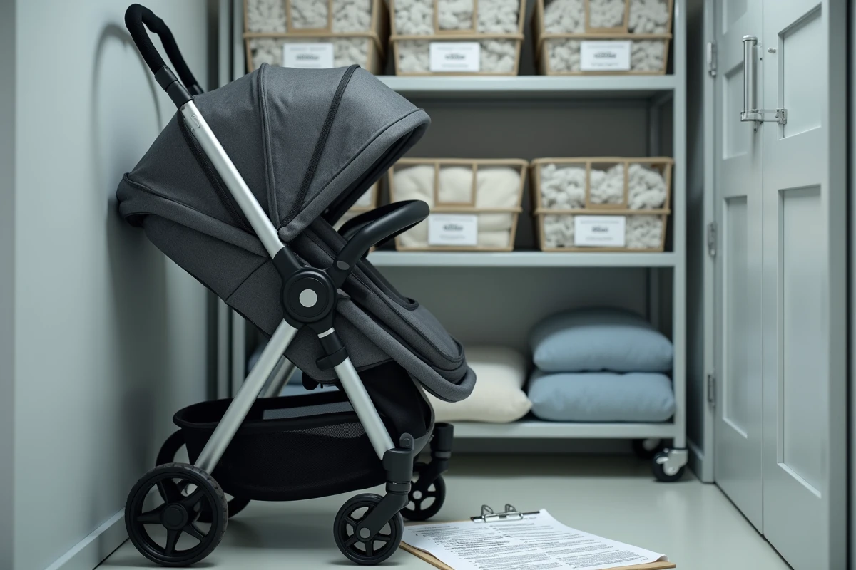 Triple poussette pliée rangée dans la salle d'équipement d'une crèche avec documents budgétaires et réglementaires