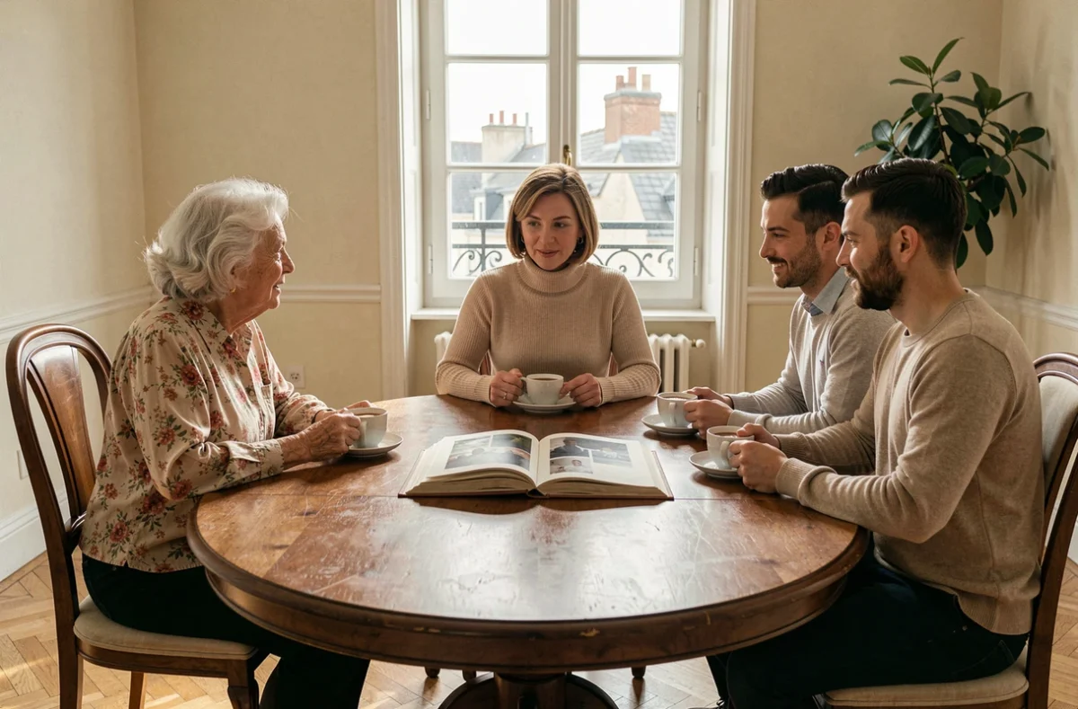 Trois générations d'une famille française réunies autour d'un album photo, illustrant la transmission de la mémoire et de l'identité familiale à travers les générations Badinter