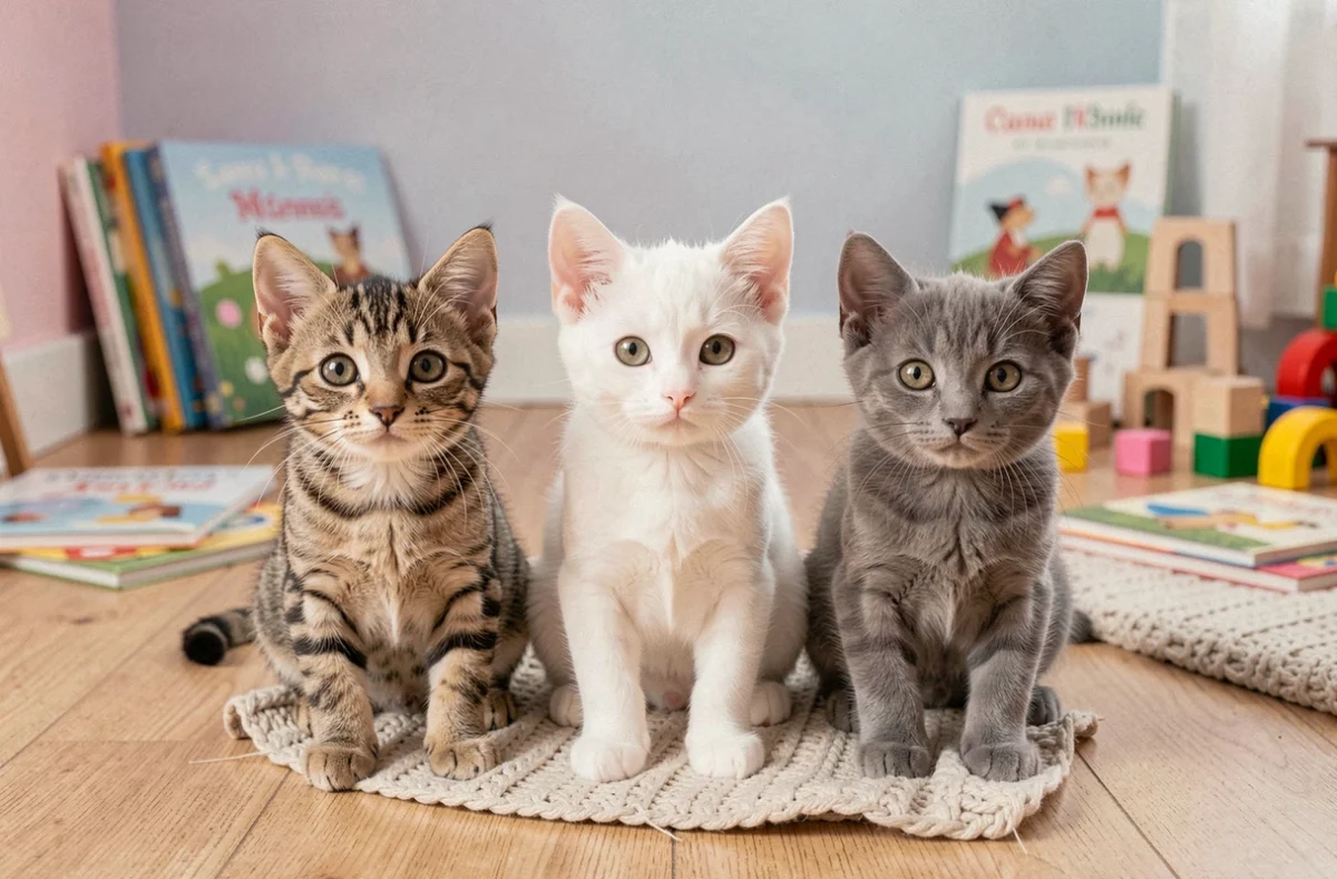 Trois petits chatons assis côte à côte sur un plancher en bois dans une salle de jeux colorée pour enfants