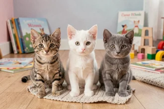 Trois petits chatons assis côte à côte sur un plancher en bois dans une salle de jeux colorée pour enfants