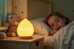 Veilleuse personnalisable avec prénom gravé posée sur une table de nuit en bois dans une chambre d'enfant cosy