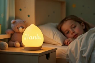 Veilleuse personnalisable avec prénom gravé posée sur une table de nuit en bois dans une chambre d'enfant cosy