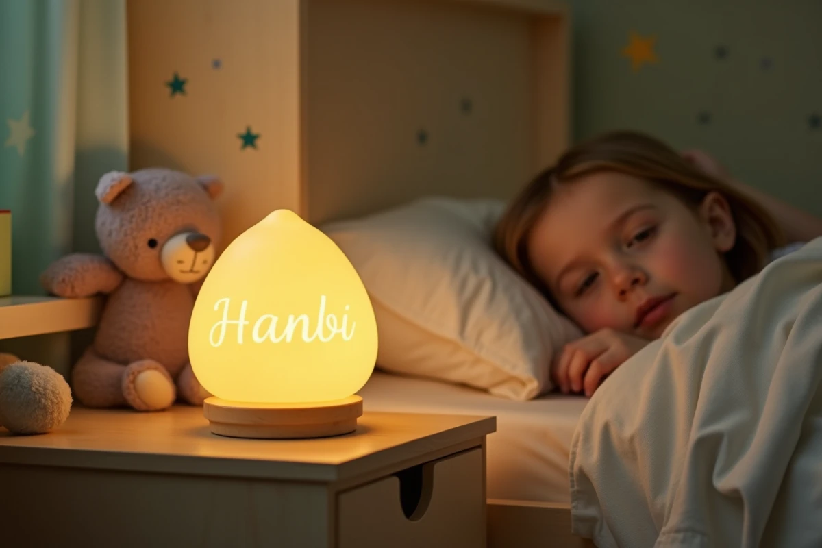 Veilleuse personnalisable avec prénom gravé posée sur une table de nuit en bois dans une chambre d'enfant cosy