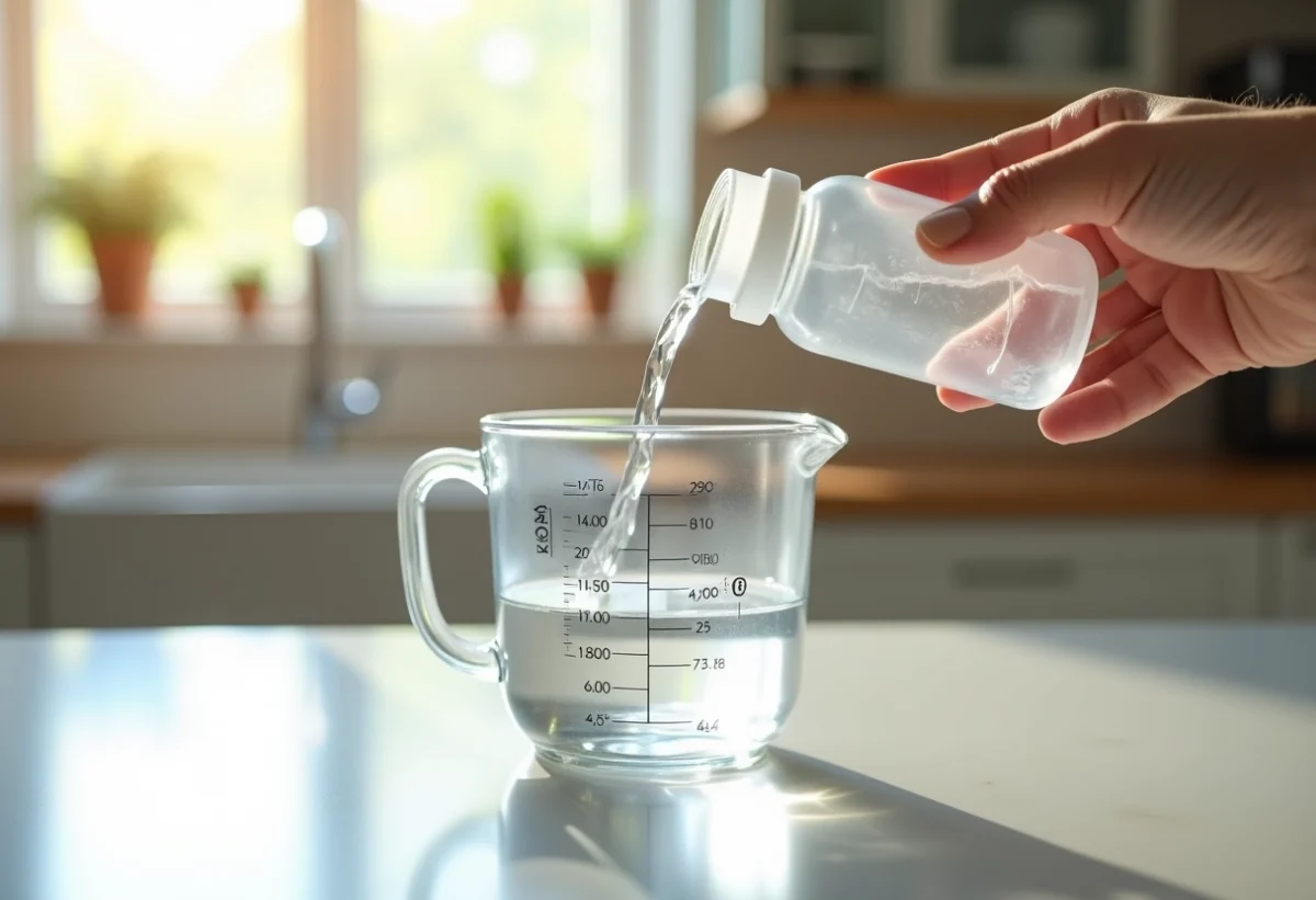 Main versant de l'eau dans un biberon avec mesures