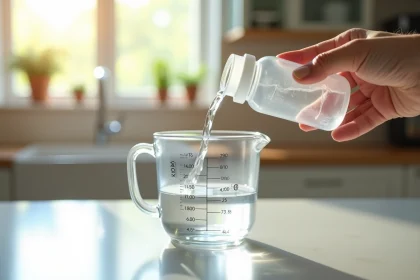 Main versant de l'eau dans un biberon avec mesures