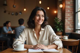 Femme aux cheveux bruns dans un café parisien, carnet ouvert et tasse de café, ambiance intime et discrète évoquant la vie privée et l'équilibre au quotidien