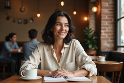 Femme aux cheveux bruns dans un café parisien, carnet ouvert et tasse de café, ambiance intime et discrète évoquant la vie privée et l'équilibre au quotidien