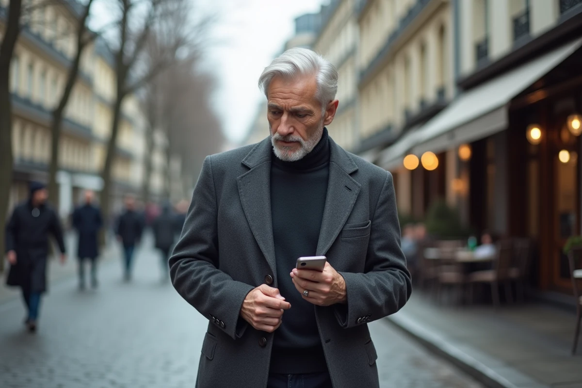 Homme distingué marchant dans une rue parisienne avec son smartphone, symbole de la tension entre vie privée et exposition sur les réseaux sociaux en 2026