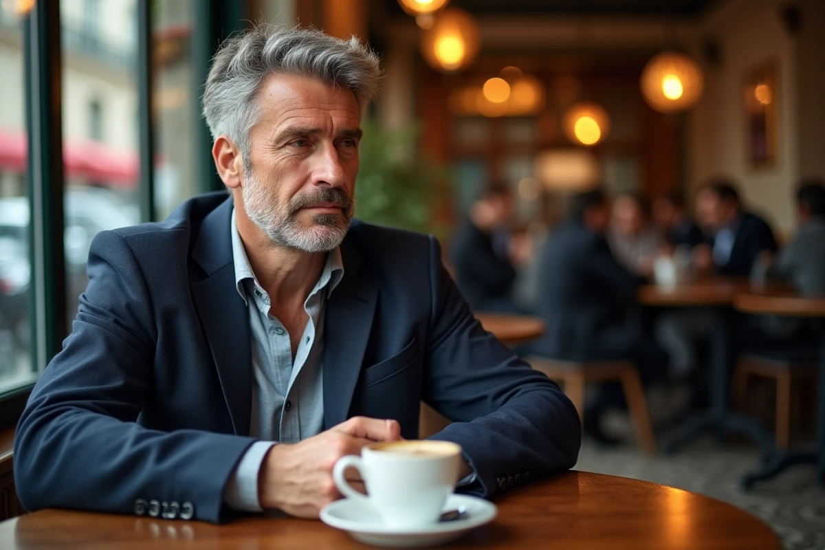 Portrait d'un homme médiatique dans la cinquantaine assis dans un café parisien, regard pensif, illustrant la vie privée d'une personnalité publique