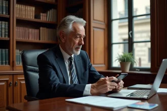 Avocat français dans son bureau parisien consultant son smartphone face aux réseaux sociaux, illustrant la vie privée et la présence numérique en 2026