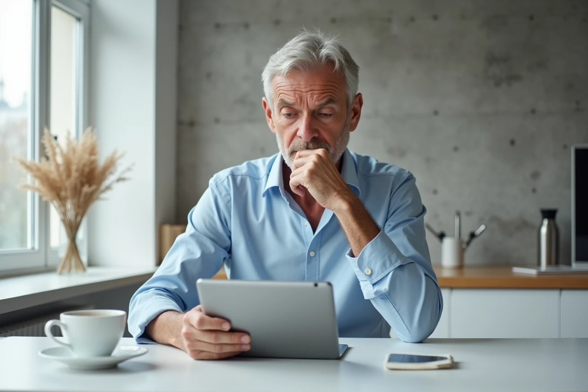 Homme lisant des commentaires sur les réseaux sociaux depuis sa cuisine, illustrant l'impact de la vie privée à l'ère numérique en 2026