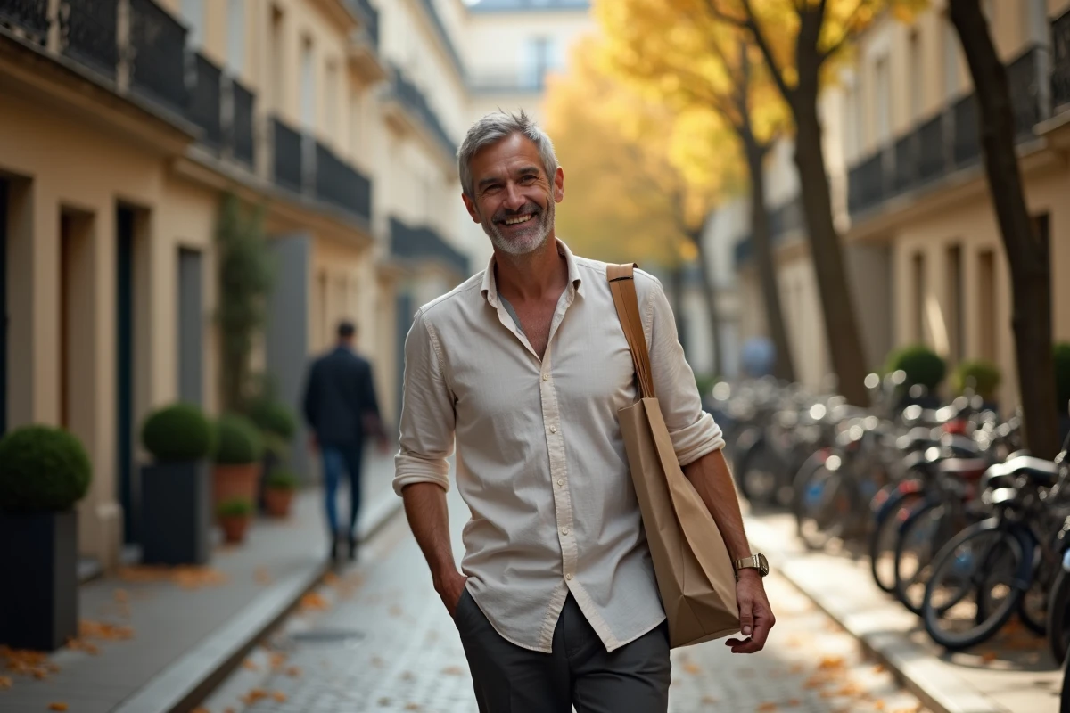 Homme public dans la cinquantaine marchant dans un quartier résidentiel parisien en automne, illustrant la vie quotidienne et familiale loin des projecteurs