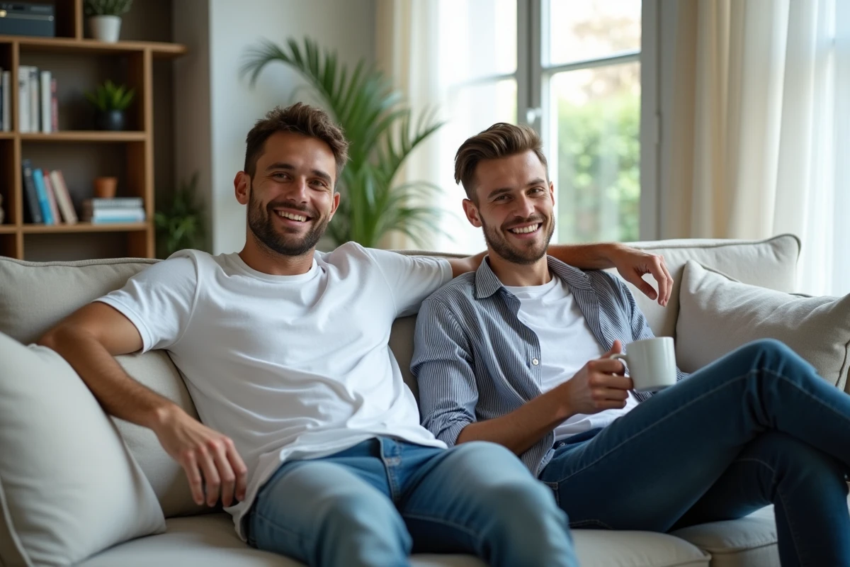 Deux hommes détendus dans un appartement parisien moderne, illustrant la vie privée d'un couple dans l'univers médiatique