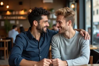 Deux hommes souriants assis ensemble dans un café parisien, illustrant une relation de couple entre personnalités publiques