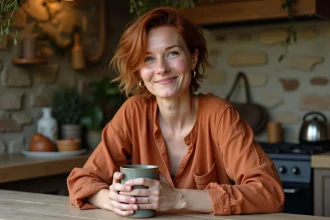 Femme aux cheveux courts roux attablée dans une cuisine en pierre avec une tasse de café, ambiance intimiste et bohème