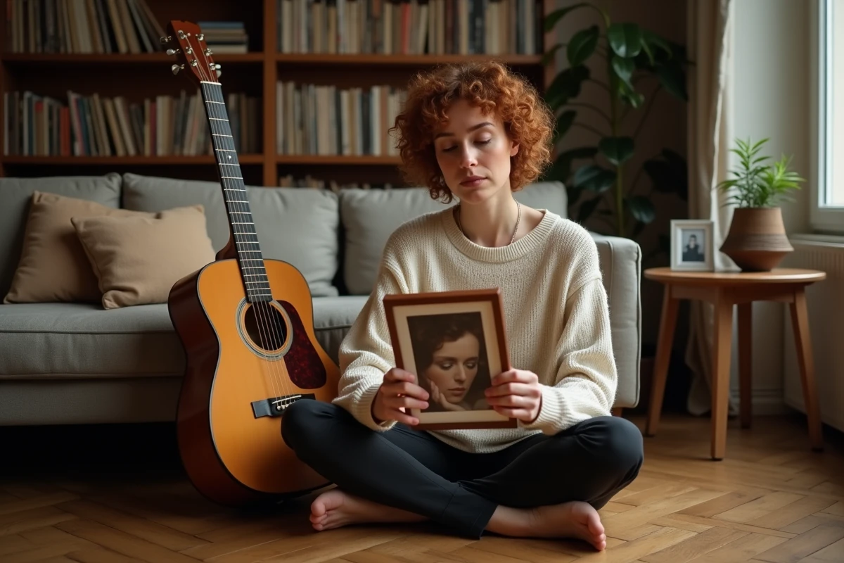Femme musicienne assise sur un parquet parisien tenant une photo encadrée près d'une guitare acoustique, ambiance nostalgique et amoureuse
